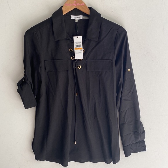 Calvin Klein modern essentials black roll tab sleeve blouse, Size S, NWT - Picture 9 of 10